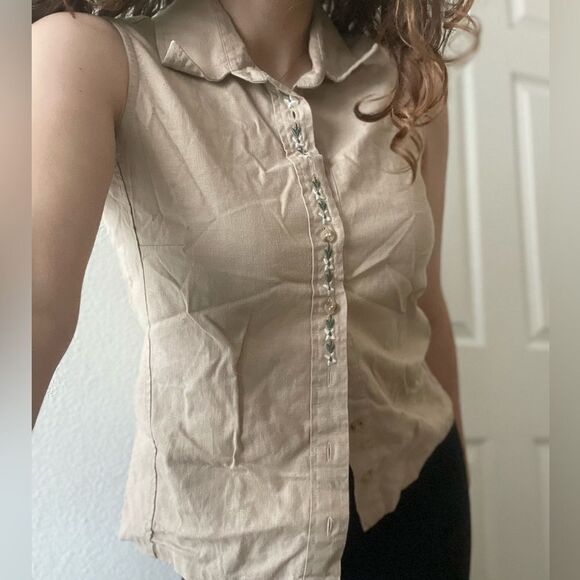Vintage Linen Blend Sleeveless‎ Button Down Top Sz S dainty embroidered flowers - Picture 2 of 4